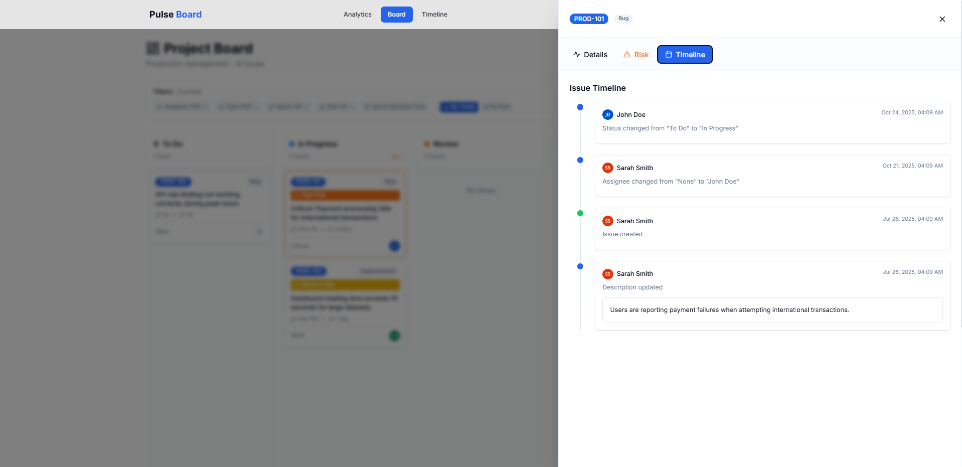 Board with side panel open showing issue details and risk
